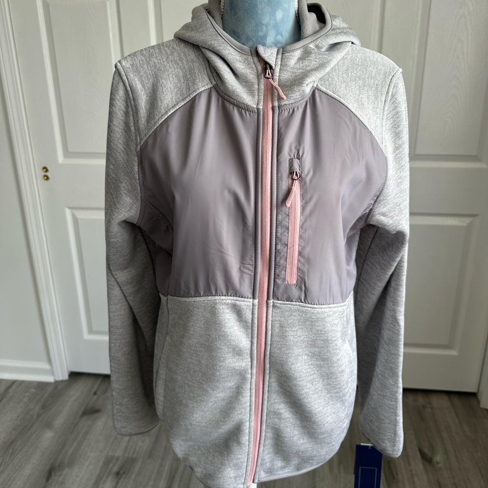 Reebok Hooded Two Tone Gray Fleece Jacket Pink Trim Sz LARGE